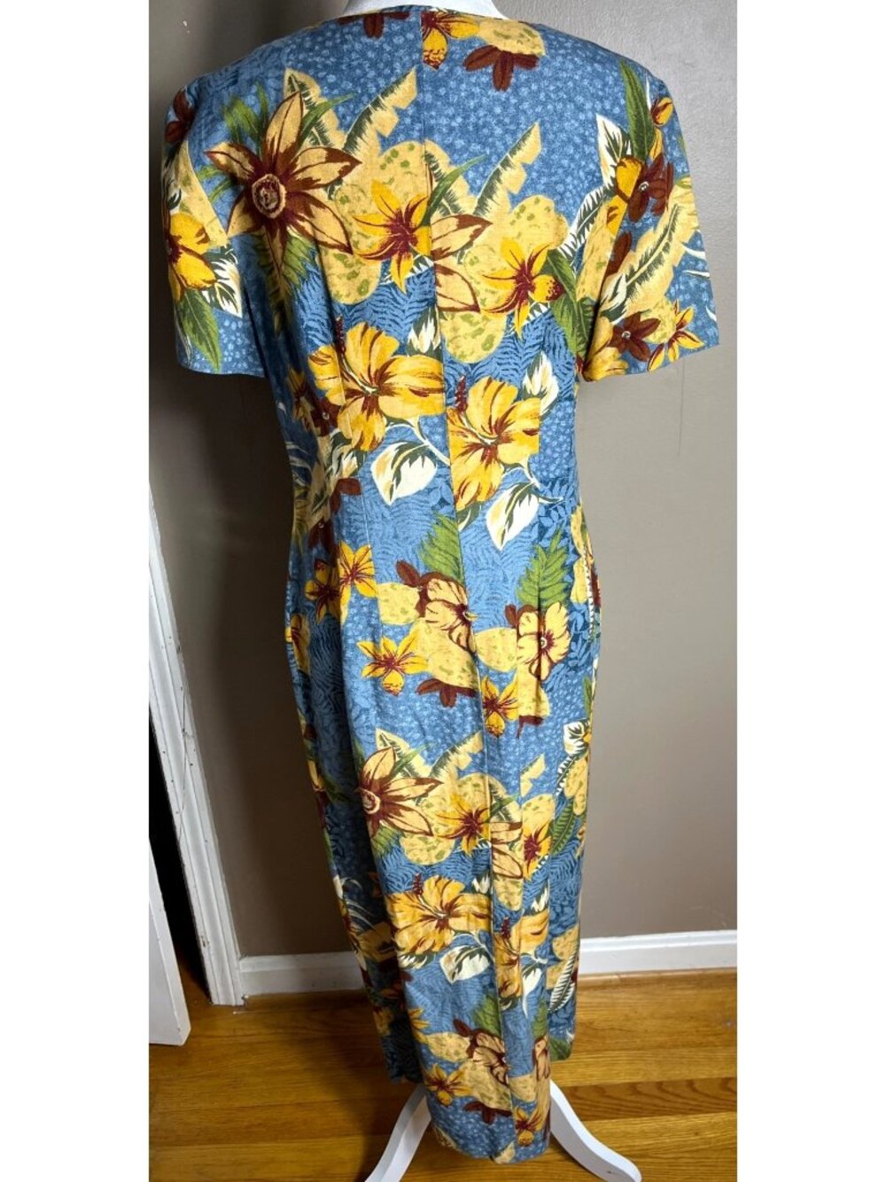 Vtg 80s Dress Linen Blue Tropical Floral Midi Button Artsy Boho Festival Women 6 - Picture 5 of 11